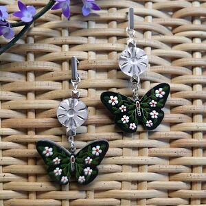 Midnight Garden Botanical Butterfly Mixed Media Earrings